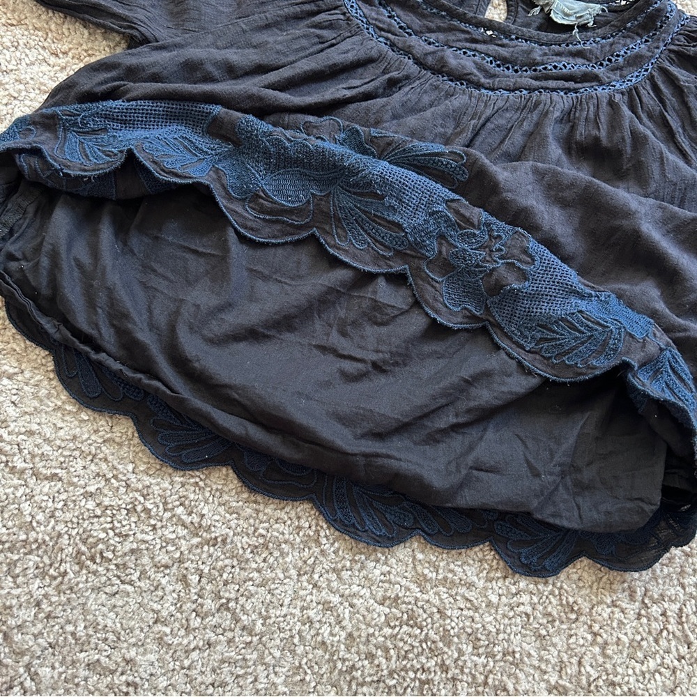 Anthropologie Black Navy Salma Embroidered Lined Peasant Blouse Size 0 - Picture 10 of 12